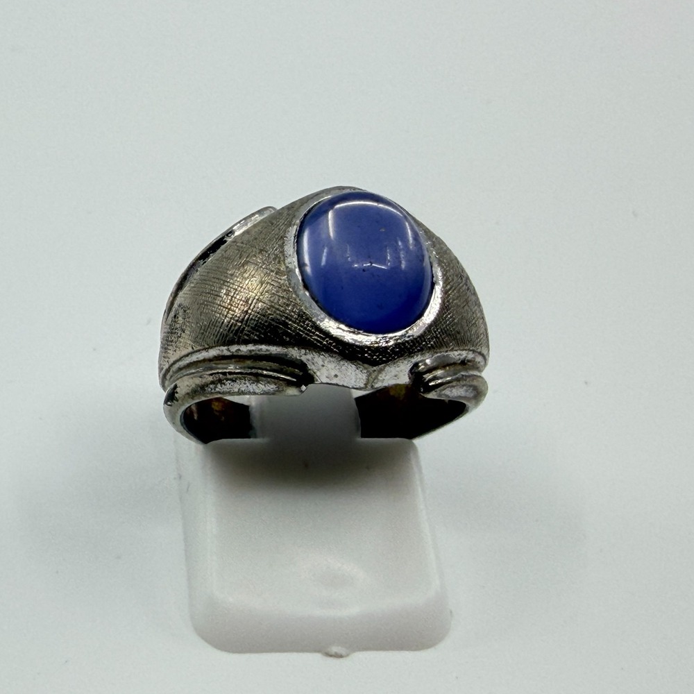 Vintage Brutalist Men's Signet Ring Silver Tone Blue Cabochon Textured Band
